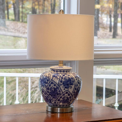 Blue And White Floral Ceramic Table Lamp With White Linen Shade And Brushed Nickel Accents 3 Way Lighting Ginger Jar Inspired Cozy Decor