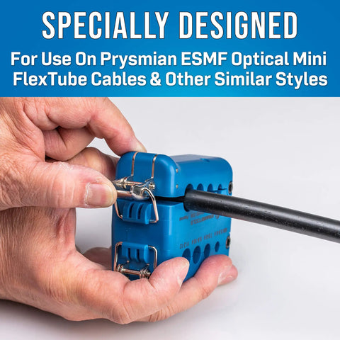 Hands using Miniflex Tube Fiber Optic Slit And Ring Tool For Five Point Eight To Twelve Millimeters Cables Easy Open Lock Design