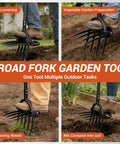 Heavy Duty Broad Fork Garden Tool With 5 Plus 4 Sharp Tines, Ergonomic Handles, spading and digging in soil for garden tasks.