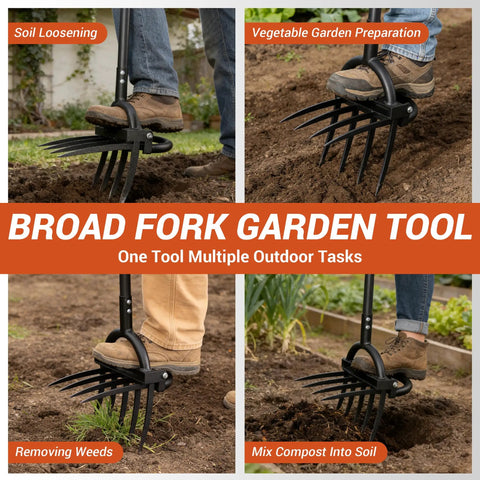 Heavy Duty Broad Fork Garden Tool With 5 Plus 4 Sharp Tines, Ergonomic Handles, spading and digging in soil for garden tasks.