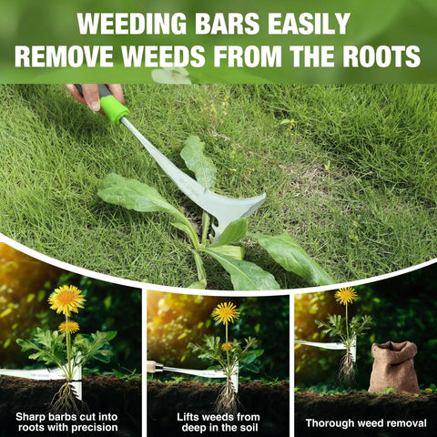 Crack Weeder With L Shaped Blade And Soft Grip Stainless Steel Handle For Effortless Root Pulling And Removal shown in grass.