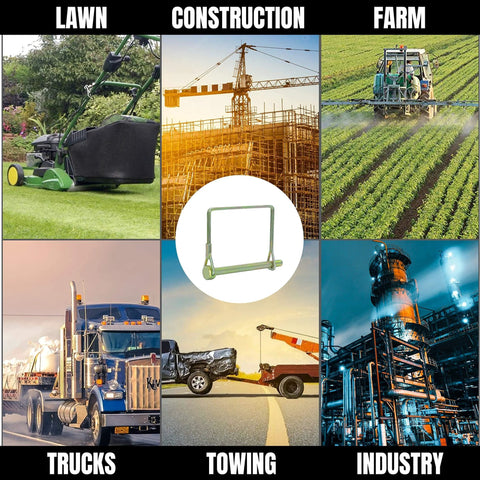 Collage showing gold trailer pins, farm equipment, and towing trucks, highlighting Gold Trailer Pins Pack Of Ten For Farm Trailers And Towing.