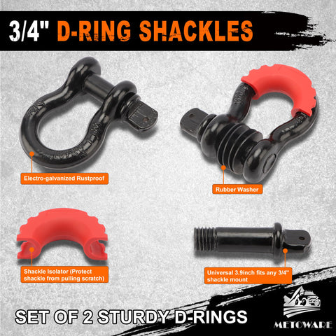 Set of two 3/4 inch D-ring shackles with rubber washers for Heavy Duty Tow Strap Recovery Kit With Three Inch By Twenty Foot Strap And 35000 Pound Break Strength Tree Saver Winch Strap Two Three Quarter Inch D Ring Shackles Storage Bag For Truck SUV ATV Off Road Towing.