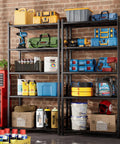 Tough As Nails 5 Tier Metal Shelving Rack With 120 Lbs Per Shelf And Foolproof Leveling Base, organized tools and supplies in garage.