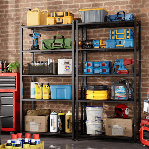 Tough As Nails 5 Tier Metal Shelving Rack With 120 Lbs Per Shelf And Foolproof Leveling Base, organized tools and supplies in garage.
