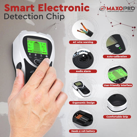 5 In 1 Stud Finder Wall Scanner With Center Beam Locator And Automatic Calibration For Metal Wood Studs Joists Pipes And Live AC Wires Plus Durable Pouch For DIY Pros showing features like auto-calibration and AC wire warning.