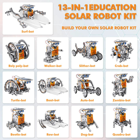 13-In-1 Solar Power Robot Kit For Kids And Teens Educational STEM Toy Set showing various robot models, parts included.