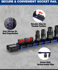 Premium 11 Piece E Torx Socket Set Fits 1/4 And 3/8 Inch Drives Craftsman rail with movable clips for organized storage.