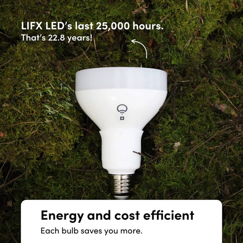 Wi-Fi Smart Infrared BR30 LED Bulb With 1100 Lumens, Billions Of Colors And Whites, No Hub Needed, shown with energy savings note