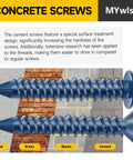 Close-up of blue concrete screws against a masonry background, as part of the 200 Piece Concrete Screws And Drill Bit Set For Masonry Includes One Quarter Inch And Three Sixteenths Inch Self Tapping Screws Flat Head Phillips And Hex Head Masonry Screws Anchors And Bits For Block Brick Cement.
