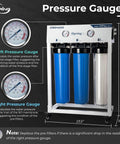 Pressure gauges on the Heavy Duty Four Stage Tankless Reverse Osmosis Water Filter System Delivers 1000 GPD High Flow.
