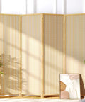 4 Panel Folding Bamboo Room Divider Privacy Screen Freestanding Wall Separator, 6 Feet Tall Beige in living room setting