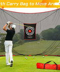 Backyard Golf Hitting Net With Heavy Duty Frame And Net For Real Golf Balls Indoor Outdoor Use shown with golfer practicing swing