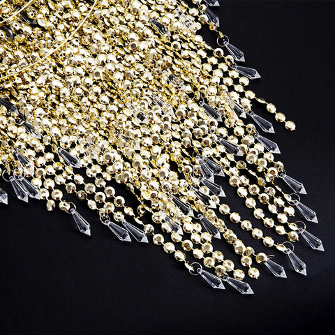 Close-up of gold frame and crystal beads detailing on Acrylic Chandelier Shade With Crystal Beads And Gold Frame Dope Three-Tier Beaded Pendant Lampshade, 12.6 Inch Diameter, Ideal For Bedroom Weddings Or Parties, Easy Fit For Most Sockets And Bulbs, No Bulbs Included.