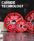 EZARC carbide cut-off wheels for angle grinders; three red discs 3 in, 4.5 in, 5 in for wood, laminate, plastic
