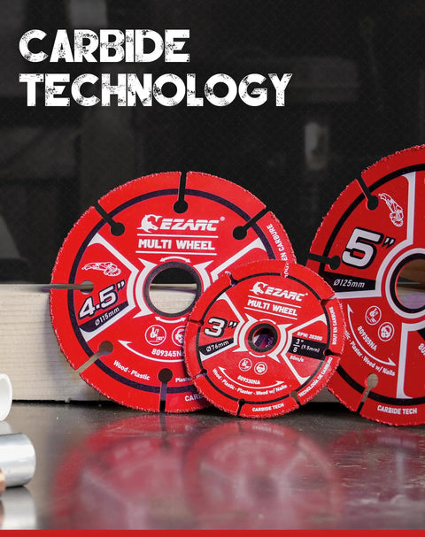 EZARC carbide cut-off wheels for angle grinders; three red discs 3 in, 4.5 in, 5 in for wood, laminate, plastic