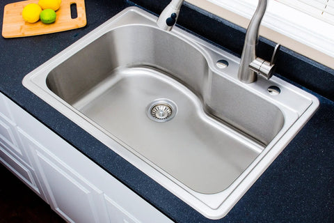 Offset Single Bowl Topmount Stainless Steel Kitchen Sink 18 Gauge Built Tough With Scratch Resistant Matte Finish Type 304 Premium Steel Sound Dampening Coating Hardware And Cutout Template Included installed in kitchen countertop