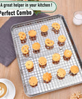 Stainless Steel Baking Sheet With Wire Rack Set 16 Inch By 12 Inch Pan And Cooling Rack with cookies, uncoated design