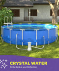 Above Ground Pool with hose set and ladder in backyard with trees and house in background