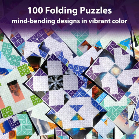 Collage of colorful origami folding puzzles with 100 designs, Origami Puzzle Game For Brain Teasers Teens And Adults, 100 Puzzles With Five Difficulty Levels, Travel Friendly STEM Toy To Fold The Paper And Complete The Picture, A Totally Fun Gift For Ages Ten And Up