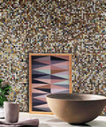 Peel And Stick Metal Tile Backsplash Kit For Kitchen And Bathroom Self Adhesive Aluminum Mosaic Colorful Mix 11.81 Inch Square Easy Install Reflective 3D Mirror Look with decorative elements on a countertop