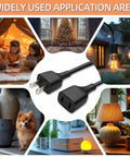 Short 5Ft Black Power Extension Cord For Indoor Use With 125V 5A 625W Two Prong And Two Outlets Perfect For Holiday Lights Table Lamps Security Cameras And Small Appliances, featuring lifestyle scenes showcasing usage around home