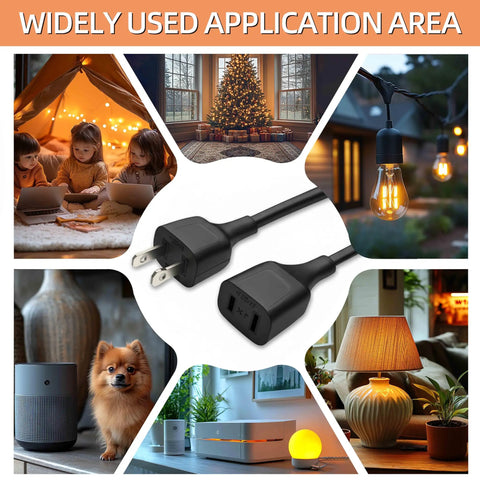 Short 5Ft Black Power Extension Cord For Indoor Use With 125V 5A 625W Two Prong And Two Outlets Perfect For Holiday Lights Table Lamps Security Cameras And Small Appliances, featuring lifestyle scenes showcasing usage around home