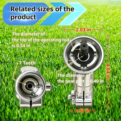 Gearbox Replacement Weed Eater Head With Direct OEM Fit showing dimensions and features on grass background