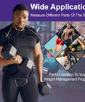 Man lifting dumbbells showcasing wide application of body fat caliper for fitness goals, in gym setting.