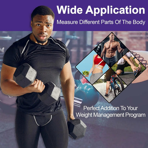 Man lifting dumbbells showcasing wide application of body fat caliper for fitness goals, in gym setting.