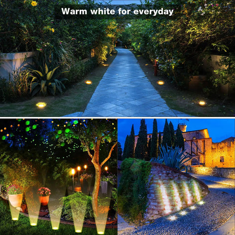 16 Pack 3W LED Well Lights for Low Voltage Outdoor Landscape Lighting Kit illuminating a garden path, trees, and hillside at night.