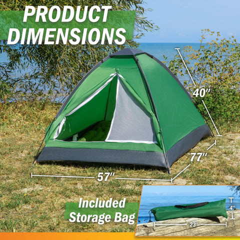 Two Person Camping Tent Shelter With Rain Fly And Carrying Bag Lightweight Dome on beach showing dimensions
