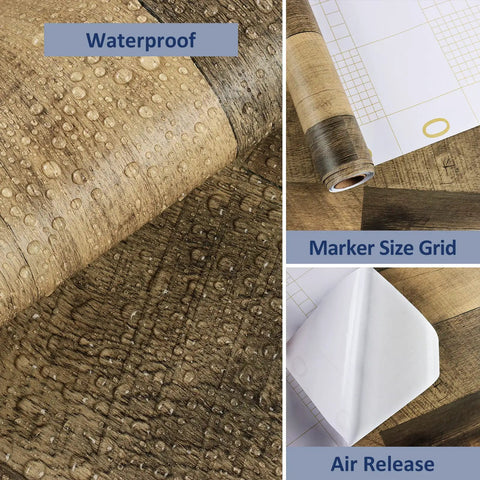 Close-up of Brown Wood Contact Paper Peel And Stick Countertop Vinyl Wrap showing waterproof surface and grid on reverse.