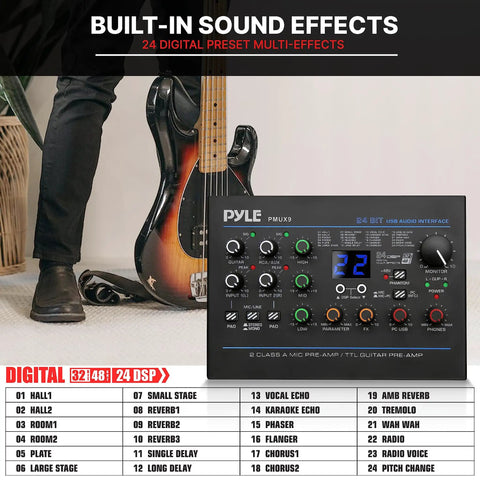 USB Audio Interface For PC And Mac With Mic And Line Inputs, Guitar, Aux Stereo And RCA IO, 24 Preset Digital Effects, Phantom Power