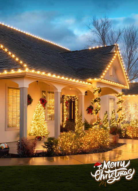 House with roof decorated with C7 and C9 Christmas lights using 100 Pack Shingle Tab Light Clips For C7 And C9 Christmas Lights