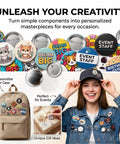 Woman wearing jacket with badges, alongside 58mm Button Badge Making Kit for DIY projects, featuring colorful badge designs.