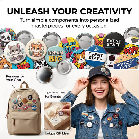 Woman wearing jacket with badges, alongside 58mm Button Badge Making Kit for DIY projects, featuring colorful badge designs.