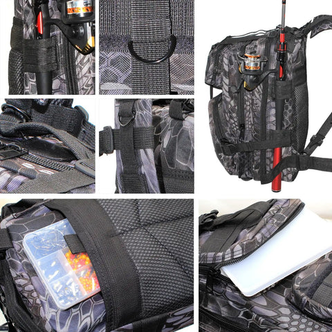 Lightweight Fishing Tackle Backpack With Water Resistant Build All In One Rod Holder And Gear Storage For Outdoor Anglers Ultra Capacity With Multiple Pockets And Front MOLLE System For Easy Access featuring close-up of rod holder, multiple pockets, and MOLLE system