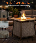 50,000 BTU Propane Fire Pit Table, 28 Inch Square, 2 In 1 Outdoor Fire Pit With Lid showing burning flames, safe ignition, and burners
