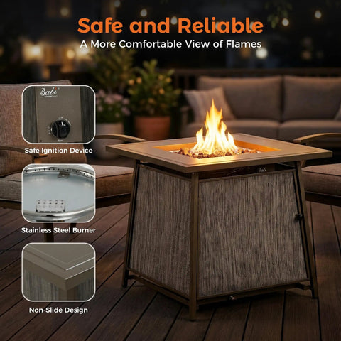 50,000 BTU Propane Fire Pit Table, 28 Inch Square, 2 In 1 Outdoor Fire Pit With Lid showing burning flames, safe ignition, and burners
