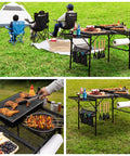 Portable Folding Table With Carry Case And Built In Paper Towel Holder Garbage Bin Wing Panels 3x2 Ft Outdoor Table For Grill Picnic Beach Camping Adjustable Height Compact Easy Cleanup with food and utensils set up in a grassy outdoor setting.