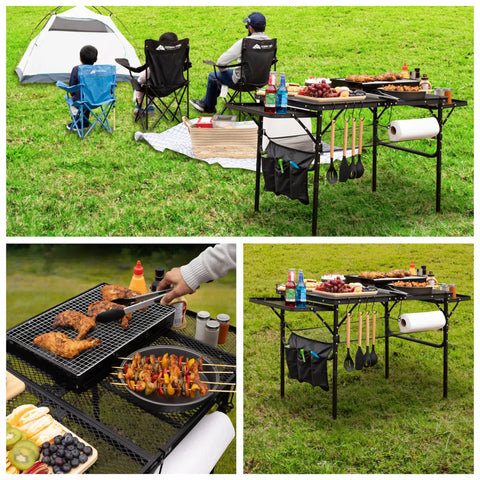 Portable Folding Table With Carry Case And Built In Paper Towel Holder Garbage Bin Wing Panels 3x2 Ft Outdoor Table For Grill Picnic Beach Camping Adjustable Height Compact Easy Cleanup with food and utensils set up in a grassy outdoor setting.
