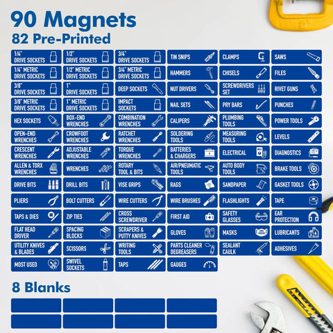 Heavy Duty Magnetic Toolbox Labels 90 Pack With 82 Already Labeled Hand Tool Tags And Blank Workspace Stickers For Steel Drawers Crisp Blue Finish Keeps Your Gear Locked Tight And Ready To Roll