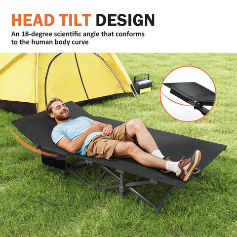 Camping Cot With Cushioned Comfort For Adults, gray portable bed with head tilt design, used outdoors by a tent