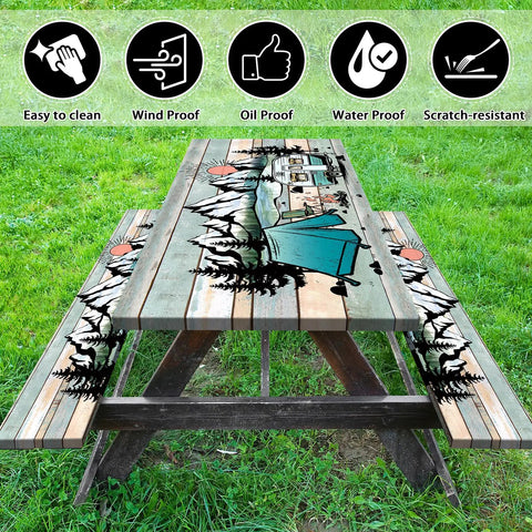 Waterproof 6 Foot Picnic Table Cover With Elastic Bench Covers 3 Piece Set Fitted Wood Texture Tablecloth, installed view