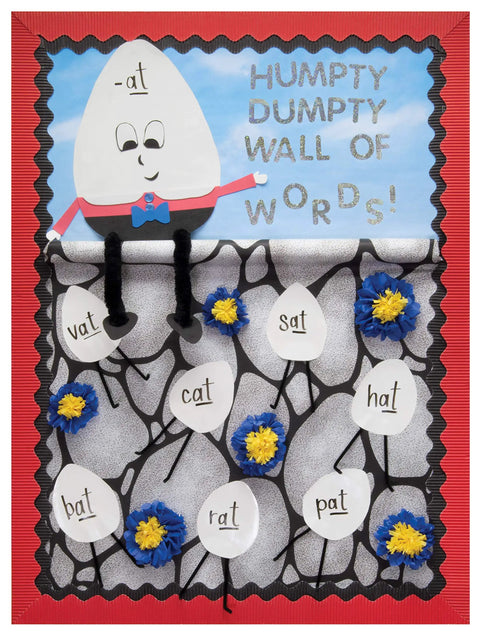 Humpty Dumpty wall display with words using Black Dope Decorative Border Roll 2.25 Inch By 50 Foot Pre Scalloped Corrugated Border Edges.