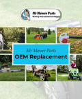 Collage of lawnmower parts including blades, mowers, and trimming tools with Mr Mower Parts logo and OEM Replacement text.