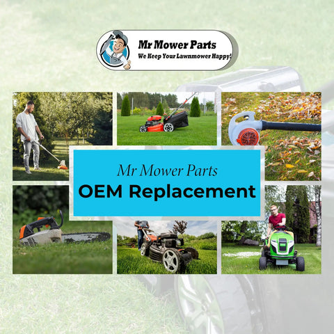 Collage of lawnmower parts including blades, mowers, and trimming tools with Mr Mower Parts logo and OEM Replacement text.
