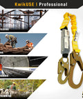 BOA Fall Protection Kit With 3D Full Body Harness, 6 Ft Lanyard With External Shock Absorber, Plus Tool Lanyard And Anchor for scaffolding, roofing, engineering, tree trimming; image shows yellow safety lanyard next to professional construction scenes.
