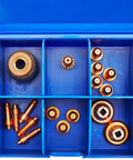 40 Amp XT40 Plasma Cutter Consumable Kit in blue case with electrodes, tips, shields, and grease for maintenance